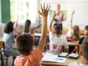 children raising hands in class room